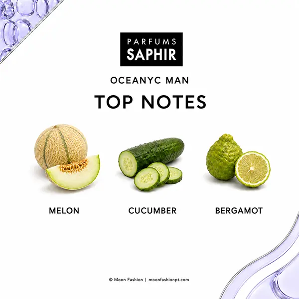 Melon, cucumber slices and cut bergamot illustrate Oceanyc Man's top notes.