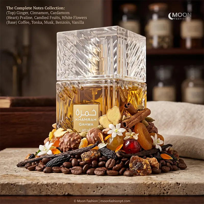 An artistic flatlay of cinnamon, coffee, and praline representing the full olfactory pyramid of Lattafa Khamrah Qahwa.