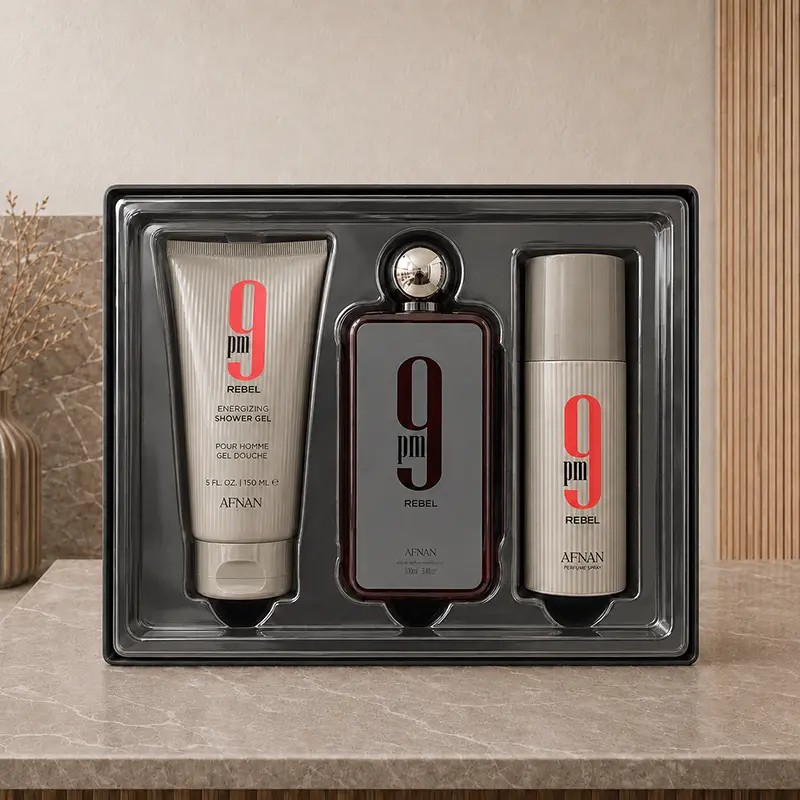 Open 9PM Rebel tray holding the shower gel, 100 ml Eau de Parfum and deodorant