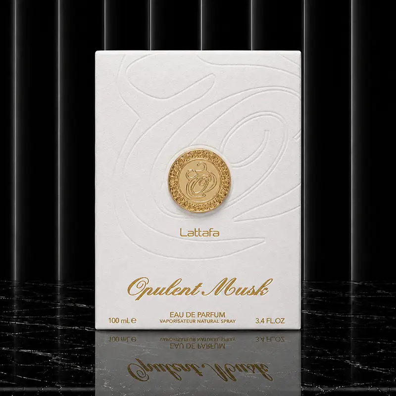 Minimalist outer carton displaying the official brand insignia and Opulent Musk typography.