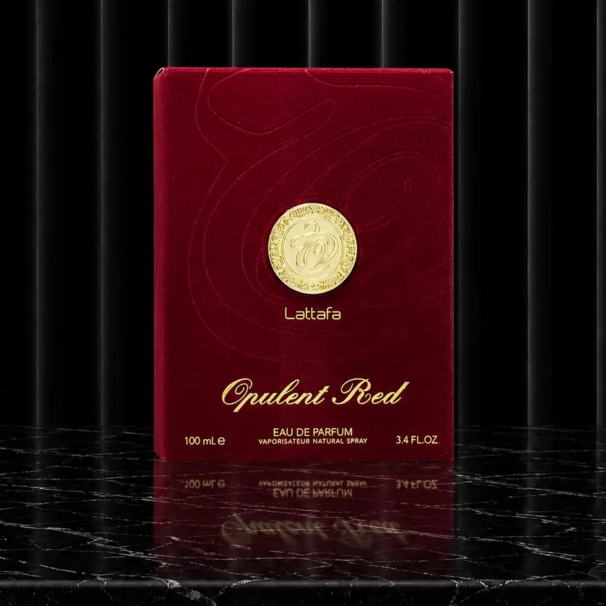 Minimalist black and red outer carton displaying the official brand insignia and Opulent Red typography.