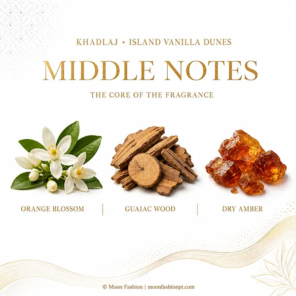 Middle notes graphic showing orange blossom, guaiac wood and dry amber for Island Vanilla Dunes.