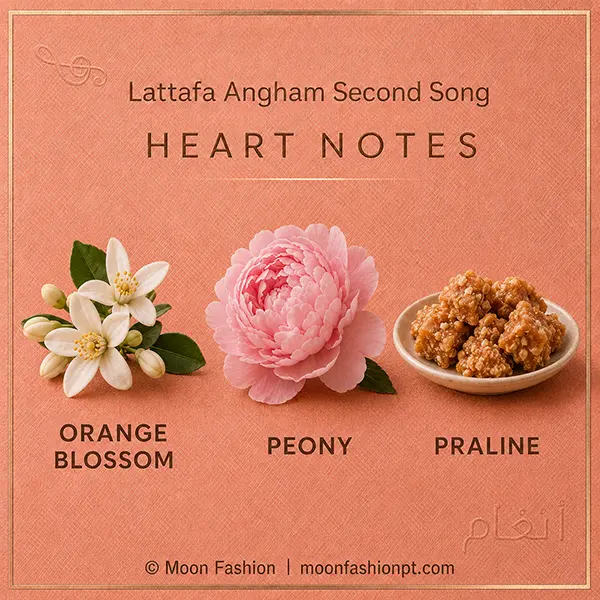 Orange blossom, pink peony and praline illustrate the heart notes of Angham Second Song.