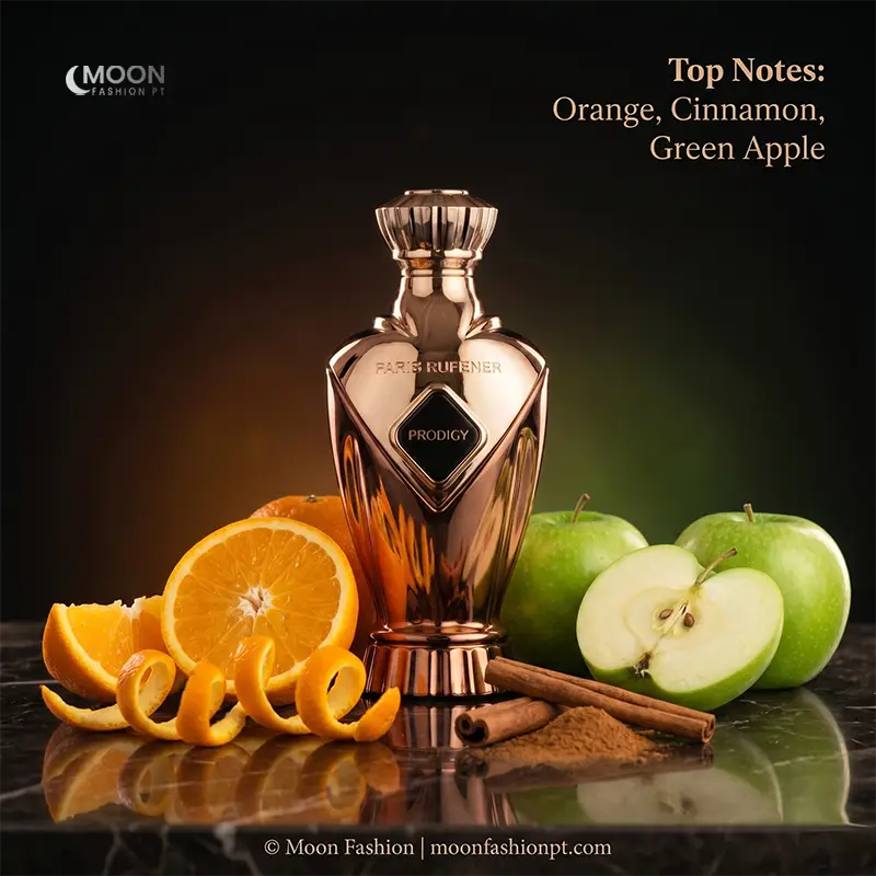 Prodigy perfume opens with an invigorating burst of orange, cinnamon, and green apple for a vibrant top layer.
