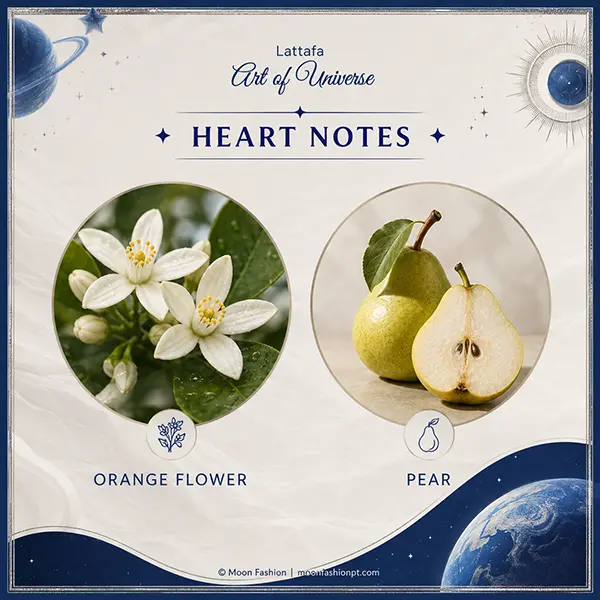 Orange flower and pear displayed as the heart notes of Lattafa Art of Universe.