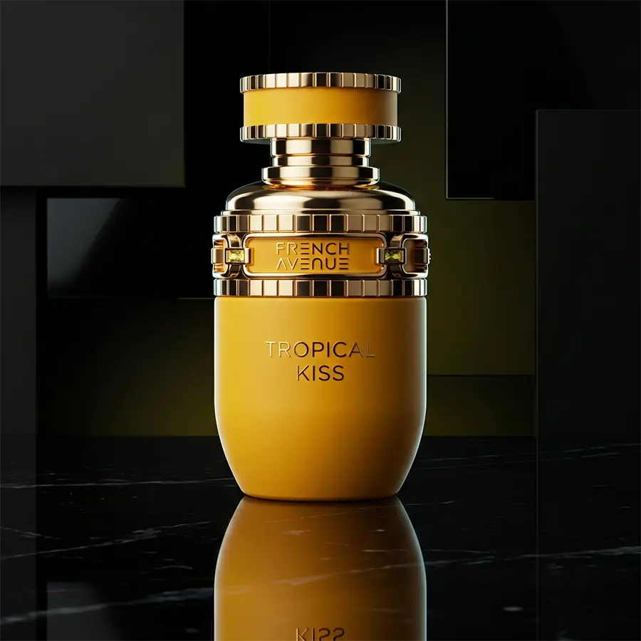 Exquisite orange bottle with gold accents of French Avenue Tropical Kiss Eau de Parfum, a premium EU addition.
