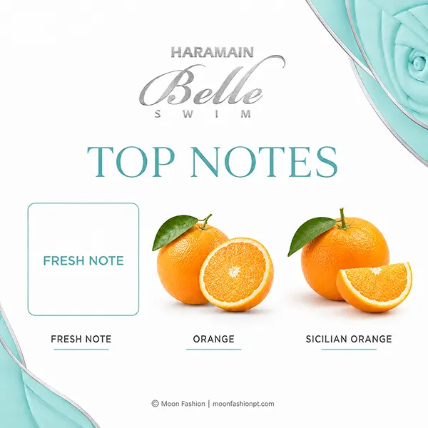 Belle Swim top notes graphic with Fresh Note text, orange and Sicilian orange