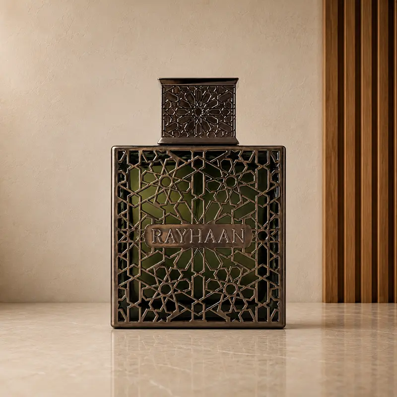 Ornate Rayhaan Terra green perfume bottle shown upright with bronze latticework and matching square cap.