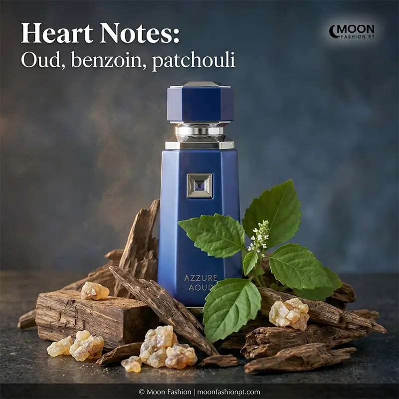 A deep heart of oud and patchouli gives Azzure Aoud by Fragrance World its long-lasting, sensual character.