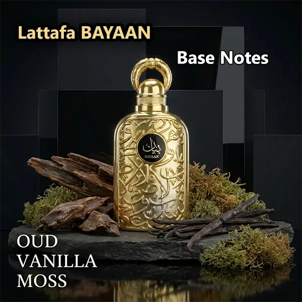 Deep base composition of Lattafa Bayaan highlighting authentic oud wood, moss, and vanilla pods.