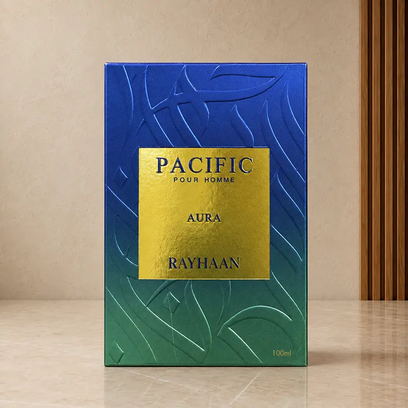 Pacific Aura blue-green 100ml box with gold front label shown upright.