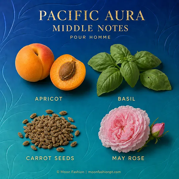Pacific Aura middle notes graphic showing apricot, basil, carrot seeds and May rose.