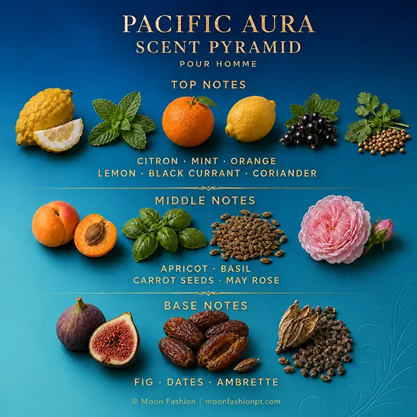 Pacific Aura scent pyramid showing top, middle and base notes with labelled note visuals.