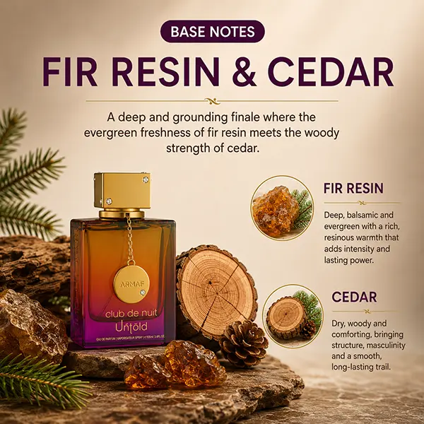 Deep cedar and fir resin base notes of Armaf Untold parfum, ensuring lasting appeal.