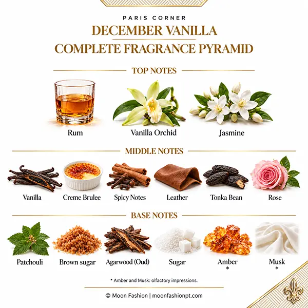 Complete December Vanilla fragrance pyramid showing all 15 notes across the top, middle and base stages.
