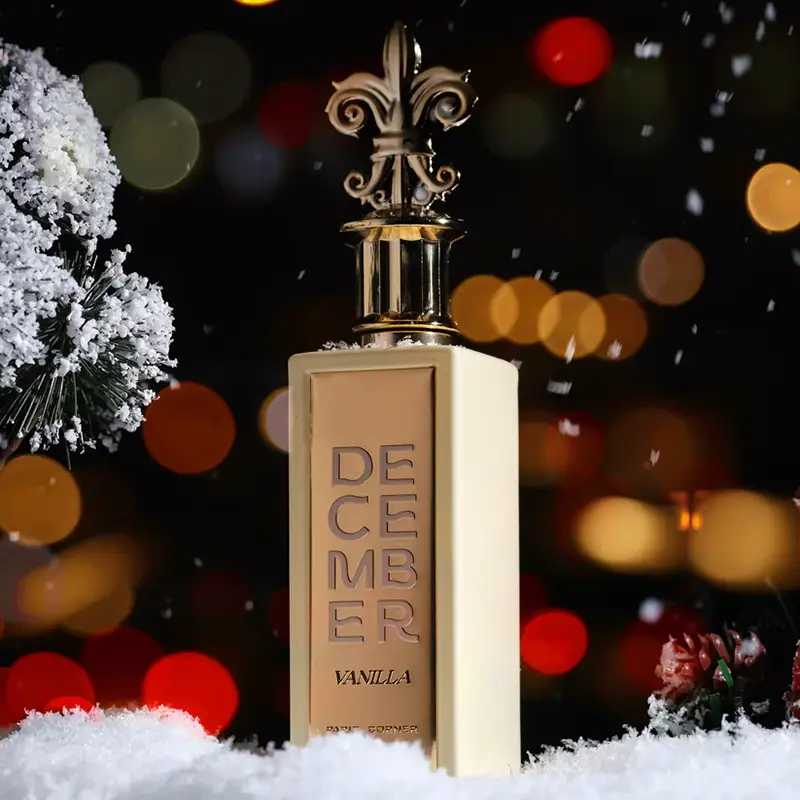 Close-up of Paris Corner December Vanilla bottle highlighting its sophisticated vanilla and rum scent.