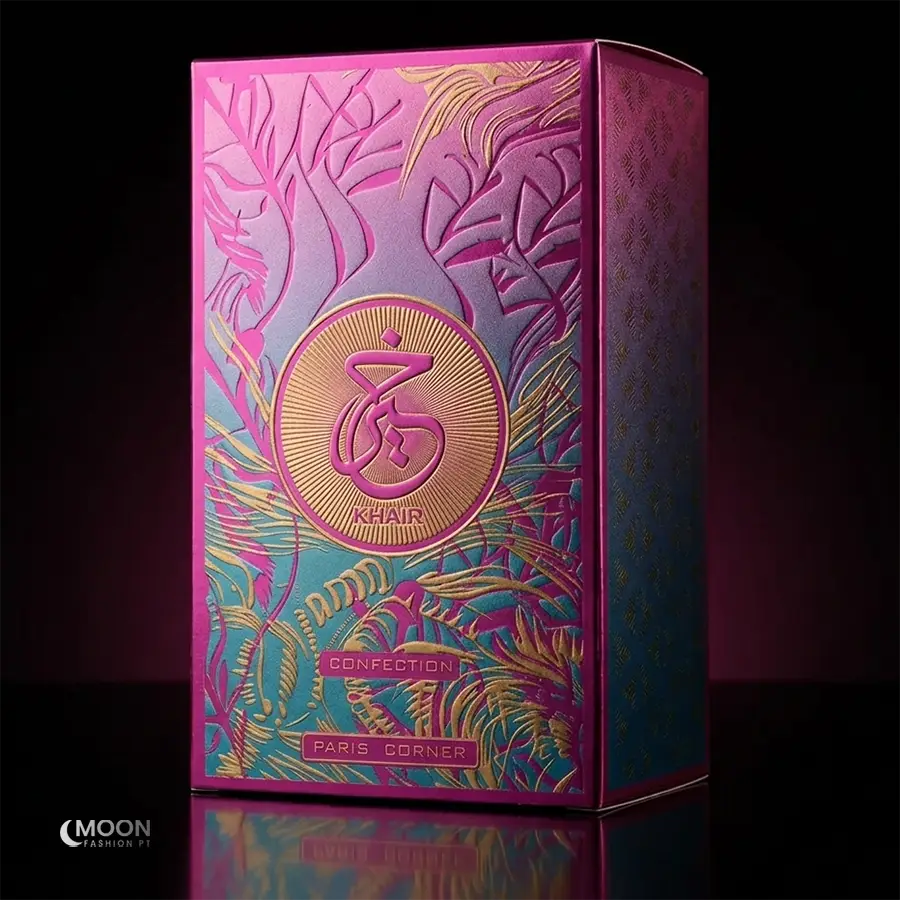 Detailed view of Paris Corner Khair Confection unisex fragrance box with intricate gold embossed floral designs.