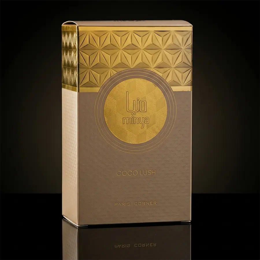 Exquisite gold foil and beige packaging of the unisex Minya Coco Lush Eau de Parfum, ensuring a premium unboxing experience.