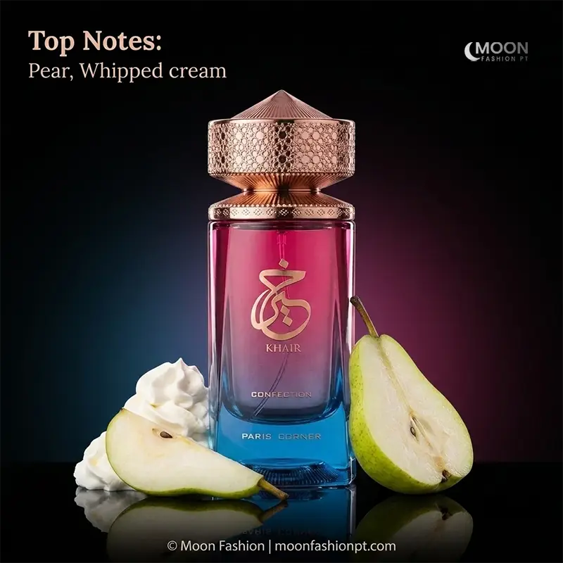 Paris Corner Khair Confection unisex scent opening with fresh sliced pear and velvety whipped cream accents.