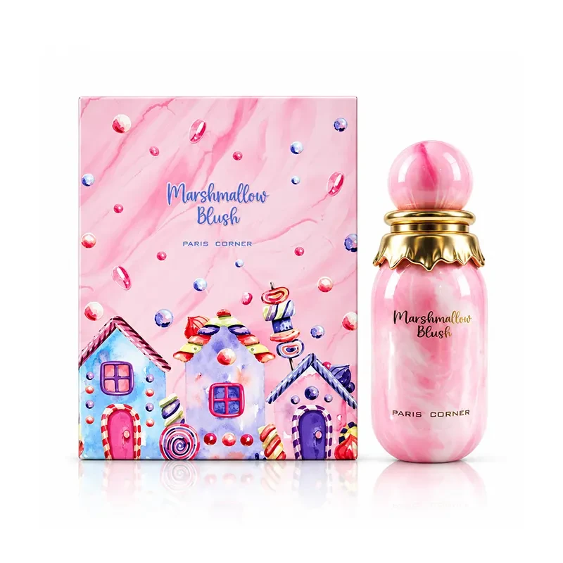 Paris Corner Marshmallow Blush perfume bottle and pink illustrated box on white, with a soft shadow and reflection.