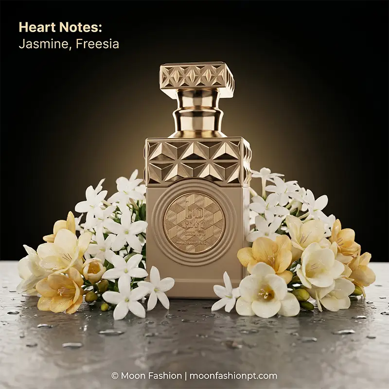 Romantic heart notes of fresh jasmine and yellow freesia surrounding the unisex Minya Coco Lush bottle on a dewy surface.
