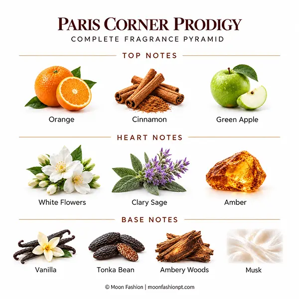 Paris Corner Prodigy complete fragrance pyramid with orange, cinnamon, green apple and vanilla