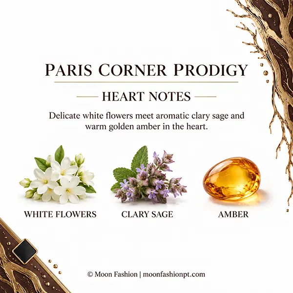 Paris Corner Prodigy heart notes infographic with white flowers, clary sage and amber