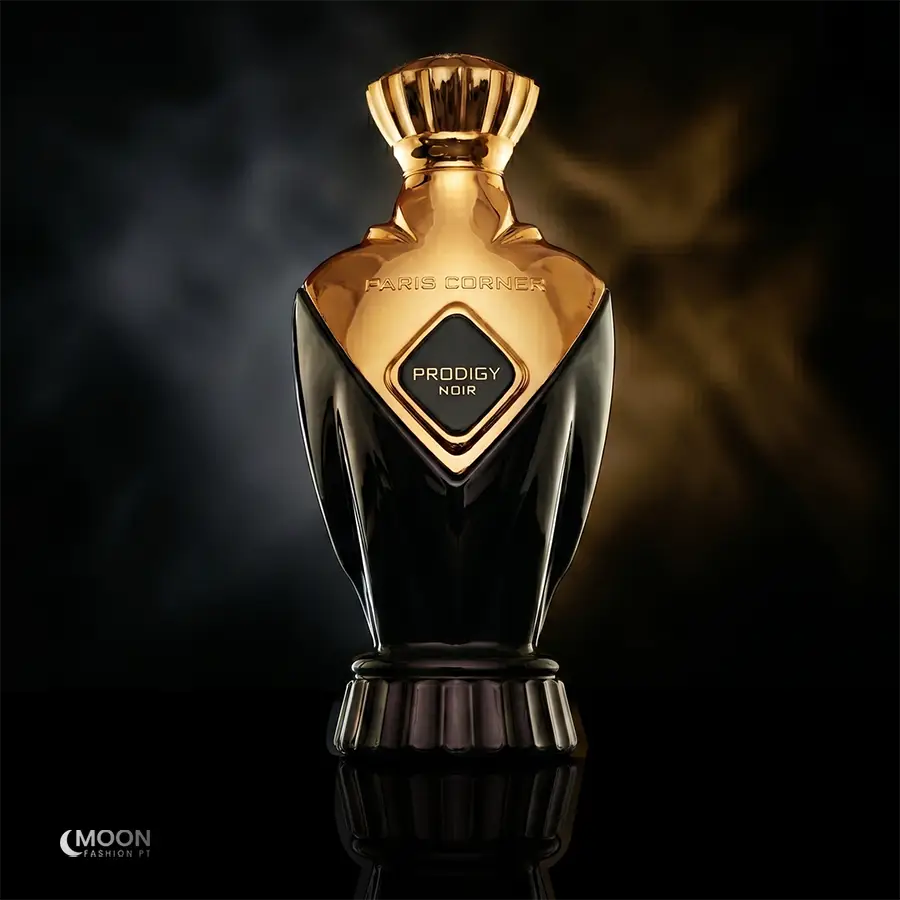 The elegant Prodigy Noir by Paris Corner bottle radiates a smoky noir vibe with gold accents and high sillage performance.
