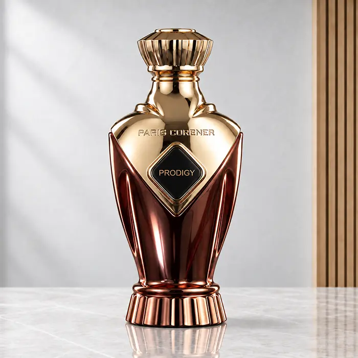 Paris Corner Prodigy reflective gold and rose-gold perfume bottle, front view
