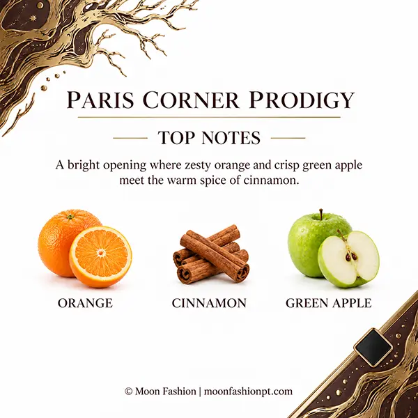 Paris Corner Prodigy top notes infographic with orange, cinnamon and green apple