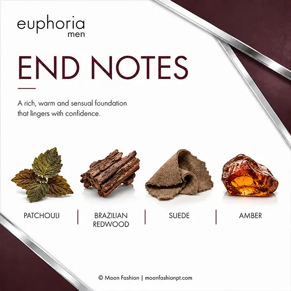 Euphoria Men end notes graphic showing patchouli, Brazilian redwood, suede and amber on a white background.