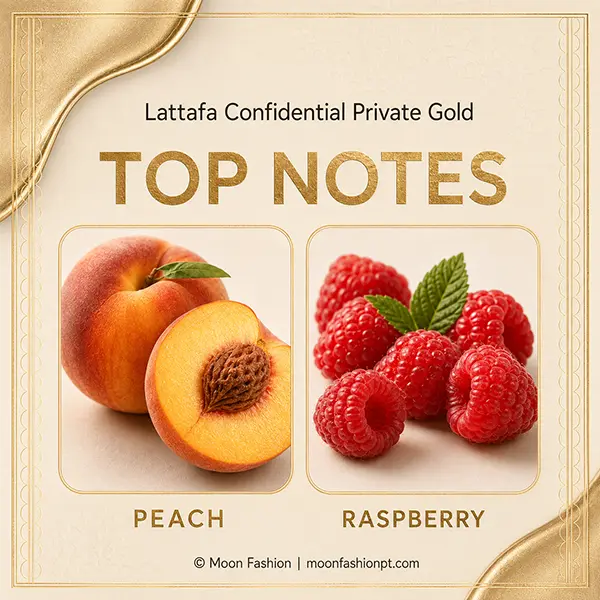 Top notes graphic for Confidential Private Gold with peach and raspberry.