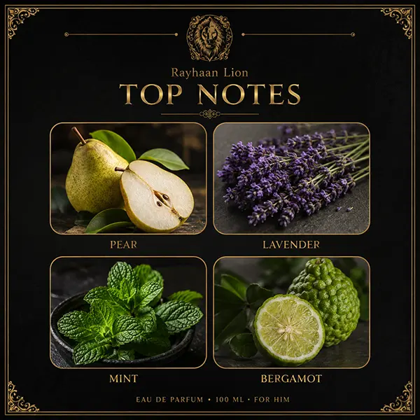 Rayhaan Lion top notes graphic showing pear, lavender, mint and bergamot.