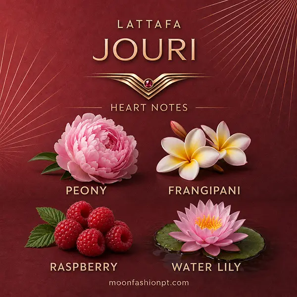 Peony, frangipani, raspberries and a water lily illustrate the heart notes of Lattafa Jouri.