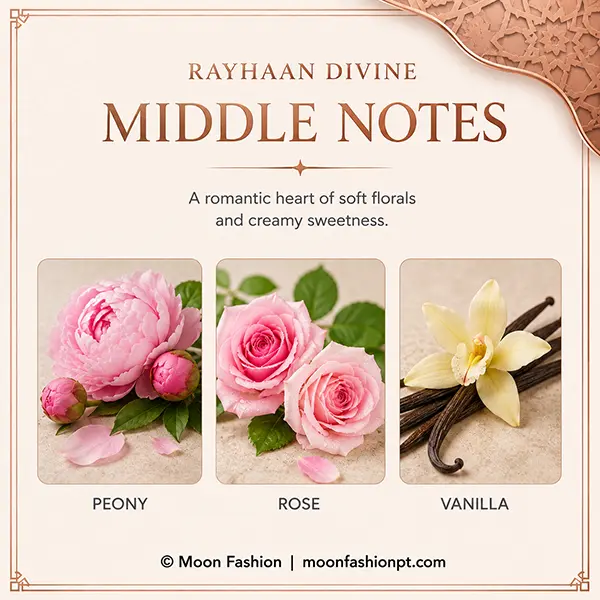 Rayhaan Divine middle notes graphic showing peony, rose and vanilla.
