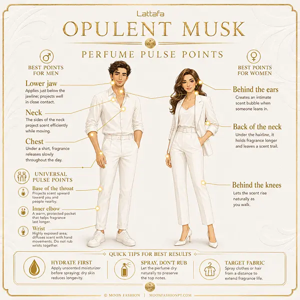 Educational diagram outlining optimal pulse points on the body for applying eau de parfum spray.