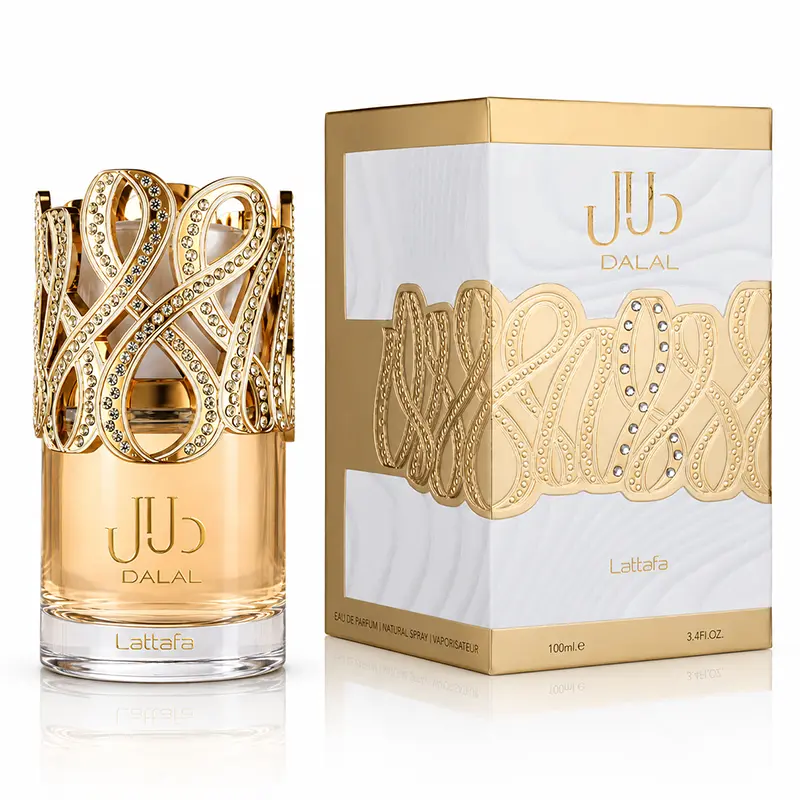 Lattafa Dalal perfume bottle beside its white and gold-coloured 100 ml Eau de Parfum box
