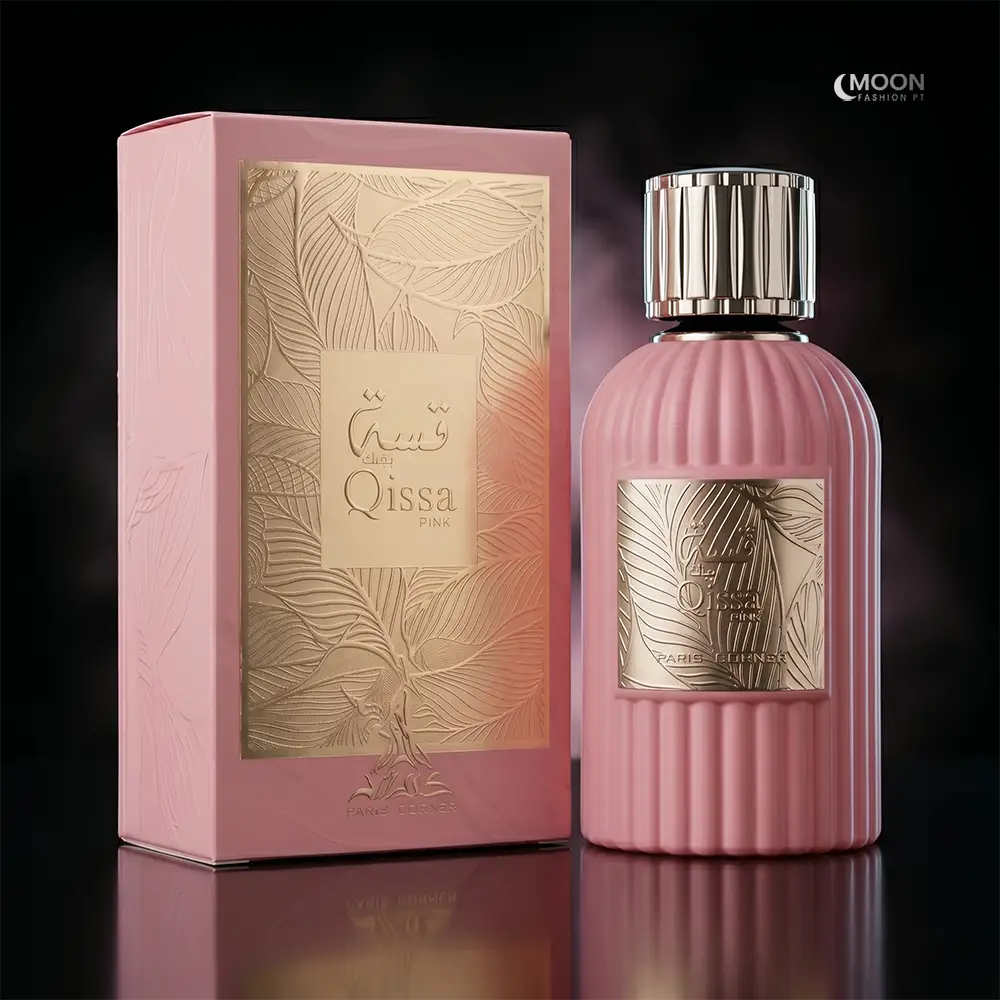 Full presentation of Paris Corner Qissa Pink for women showing the artistic bottle alongside its premium designer box.