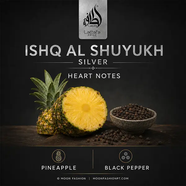 Ishq Al Shuyukh Silver heart-notes graphic showing pineapple and black pepper.