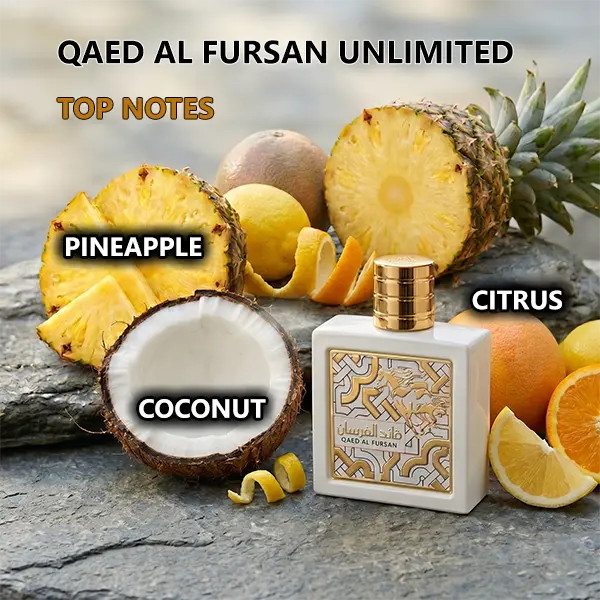 Top notes graphic showing pineapple, coconut and citrus fragrance composition.