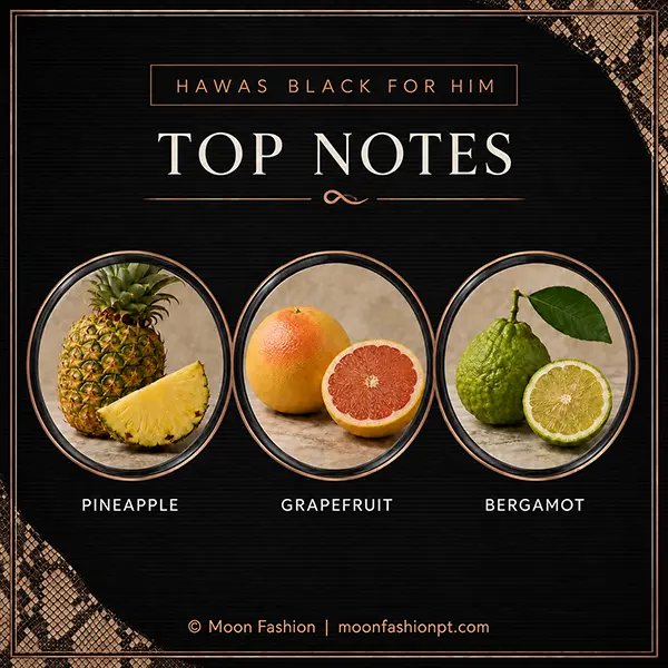 Top-notes graphic for Hawas Black showing pineapple, grapefruit and bergamot.