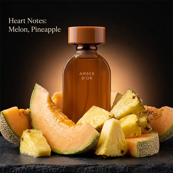 Heart notes of juicy pineapple and melon defining the sweet core of Amber d'or by French Avenue.