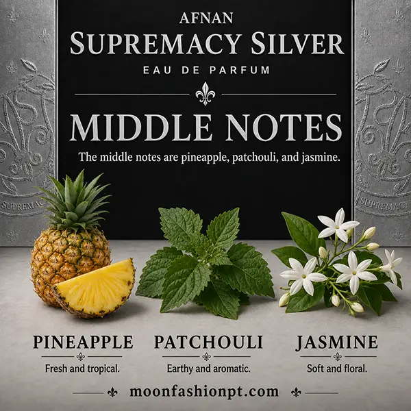 Pineapple, patchouli leaves and jasmine flowers show the middle notes of Afnan Supremacy Silver
