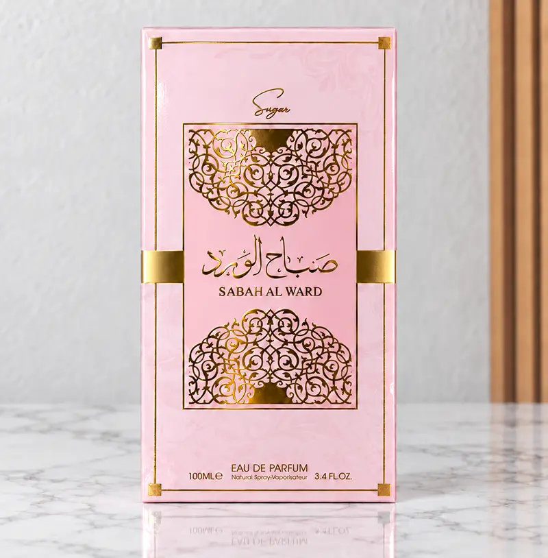 Pink retail box for Sabah Al Ward Sugar showing ornate front artwork and 100ml Eau de Parfum details.