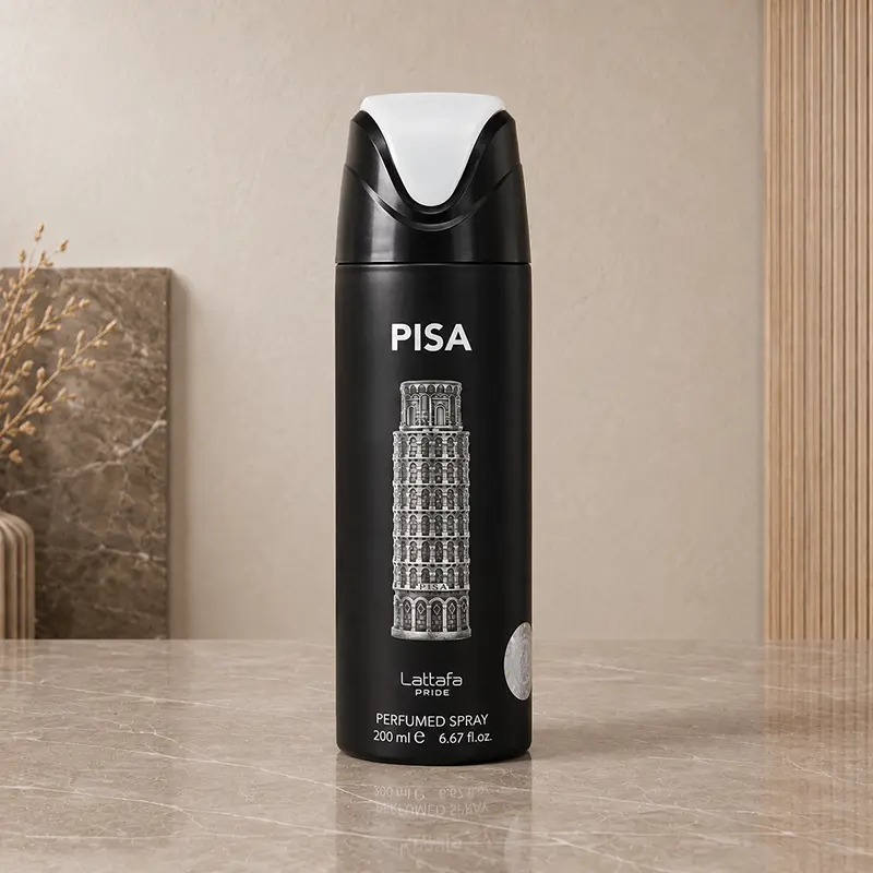 Lattafa Pride Pisa Perfumed Spray 200 ml in a black canister with white cap