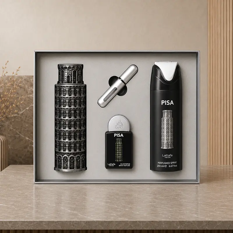 Open Pisa gift set with tower bottle, 20 ml mini EDP, 200 ml perfumed spray and silver atomizer