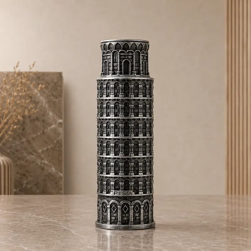 Lattafa Pride Pisa tower-shaped fragrance bottle on a stone surface