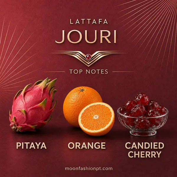 Pitaya, orange and candied cherries represent the top notes of Lattafa Jouri on a wine-red background.