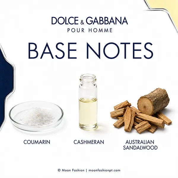 Base-notes graphic for Dolce&Gabbana Pour Homme showing coumarin, cashmeran and Australian sandalwood.