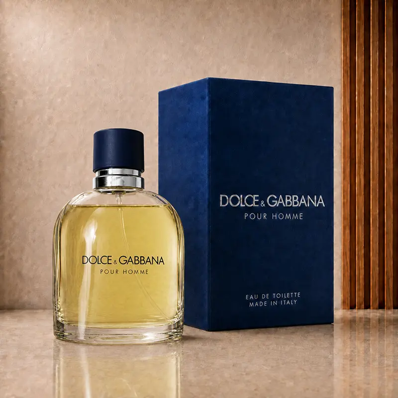Dolce&Gabbana Pour Homme bottle and dark blue box photographed together at a slight angle.